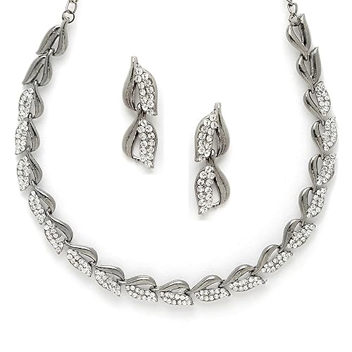 LukGud American Diamond Studded Intrcately Designed Leaf Shaped Necklace With Earring Jewellery Set For Women and Girl