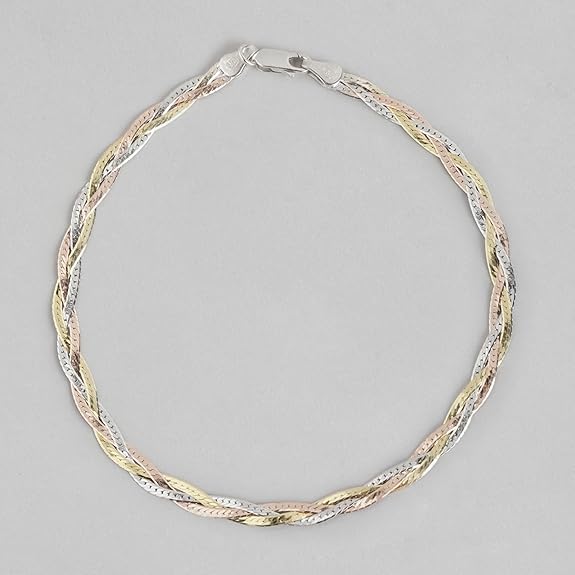 LukGud Silver Braided Triple Tone Multicolour Rhodium, Gold and Rose Gold Plated Chain Anklet