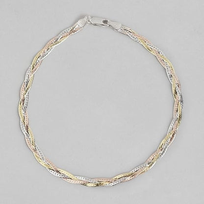 LukGud Silver Braided Triple Tone Multicolour Rhodium, Gold and Rose Gold Plated Chain Anklet