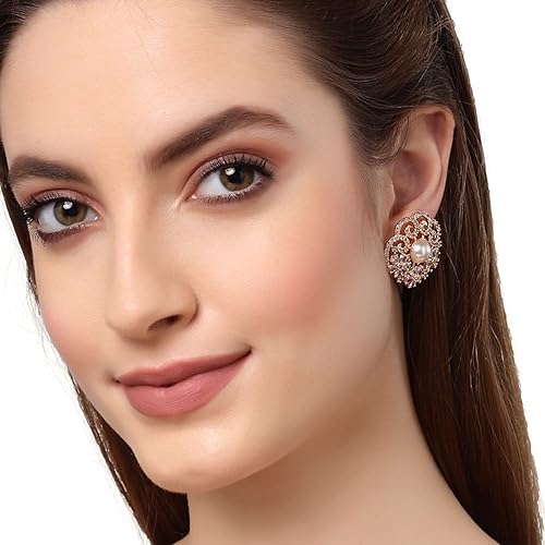 LukGud Rose Gold Plated Crescent Contemporary Floral Embelished Designed Stud Earring Jewellery For Girls and Women