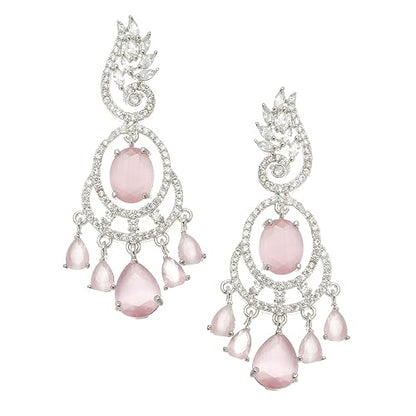 LukGud Rhodium-Plated American Diamond Studded Oval & Leaf Shaped Drop Earrings For Girls and Women