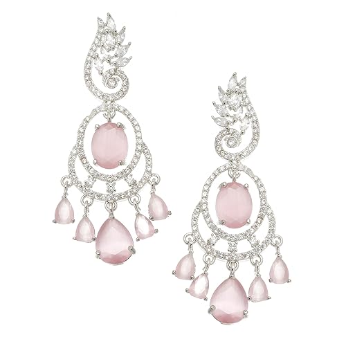 LukGud Rhodium-Plated American Diamond Studded Oval & Leaf Shaped Drop Earrings For Girls and Women