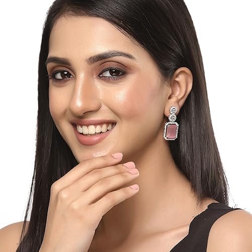 LukGud Oxidised Silver-Plated American Diamond studded Oval Shaped Drop Earrings Jewellery For Girls and Women