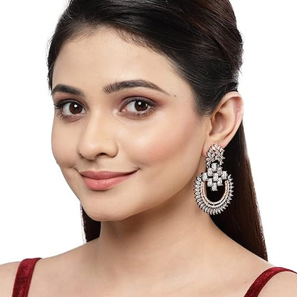 LukGud American Diamond Studded Rhodium-Plated Chandbalis Earrings