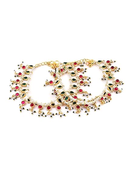 LukGud  Green & Pink Traditional Kundan Payal For Women (2 Anklets)