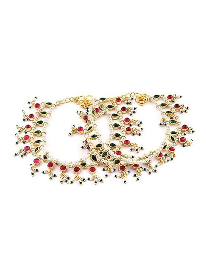 LukGud  Green & Pink Traditional Kundan Payal For Women (2 Anklets)