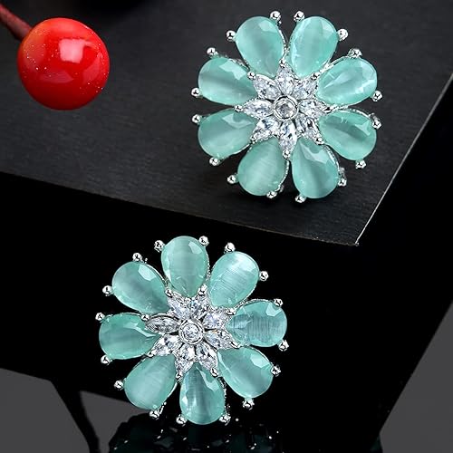 LukGud Stud Rhodium Plated AD American Diamond Flower-Shaped Earrings Ear Studs Jewellery For Women and Girl