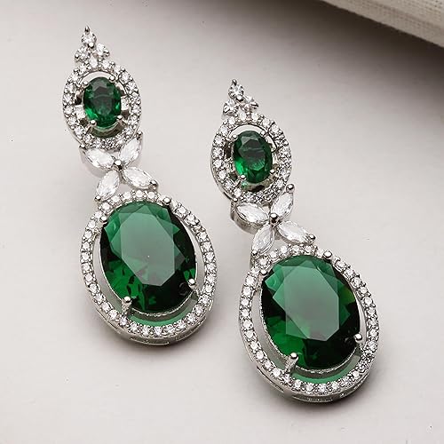 LukGud Oxidised Silver-Plated American Diamond studded Oval Shaped Drop Earrings Jewellery For Girls and Women