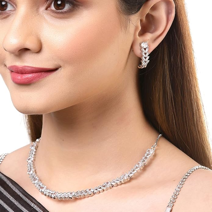 LukGud American Diamond Studded Necklace With Earring Jewellery Set For Woment and Girl