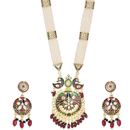 LukGud  Jewellery Set Gold Plated Long Necklace Hyderabadi Design Pearl Peacock Necklace Set With Earring Jewellery For Women & Girls