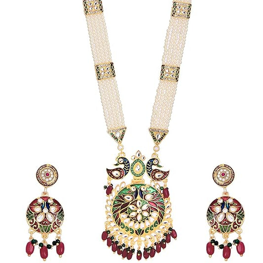 LukGud  Jewellery Set Gold Plated Long Necklace Hyderabadi Design Pearl Peacock Necklace Set With Earring Jewellery For Women & Girls