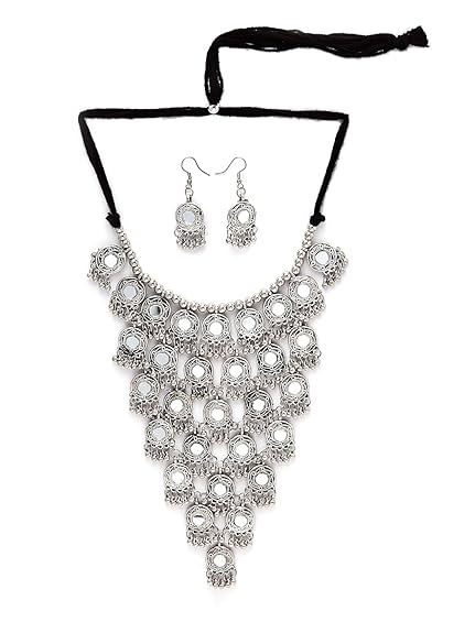 LukGud Latest Stylish Traditional Oxidised Silver Necklace Jewellery Set for Women
