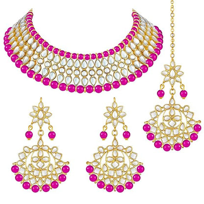 LukGud Gold Plated White Pearl Kundan Choker Necklace with Earring Maang Tikka Traditional Jewellery Set for Women