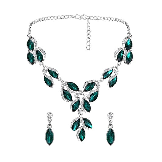 LuKGud  Silver Plated Emerald Green Crystals Alloy Necklace Set with Earrings for Women |