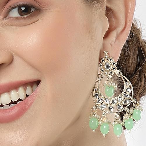 LukGud Gold-Plated Kundan studded Crescent Shaped Chandbali Earrings for Girls and Women