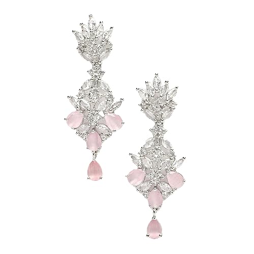 LukGud Oxidised Silver-Plated American Diamond studded Spiked Shaped Drop Earrings for Girls and Women