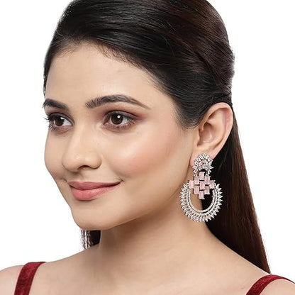 LukGud American Diamond Studded Rhodium-Plated Chandbalis Earrings