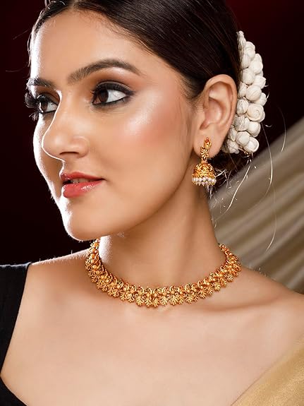 LukGud 22k Gold-Plated Red & Green Stone Studded Handcrafted Traditional Temple Jewellery Set For Women