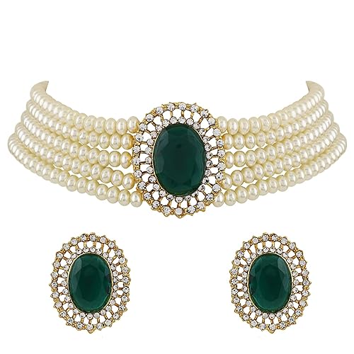 LukGud 18k Gold Plated Latest Stylish Fancy Choker Traditional Pearl Necklace Jewellery Set for Women
