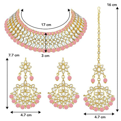 LukGud Gold Plated White Pearl Kundan Choker Necklace with Earring Maang Tikka Traditional Jewellery Set for Women