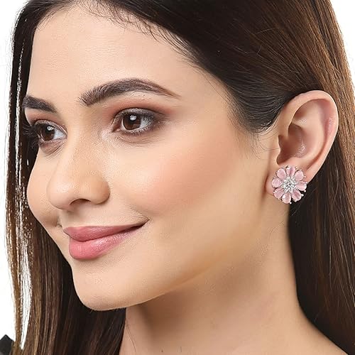 LukGud Stud Rhodium Plated AD American Diamond Flower-Shaped Earrings Ear Studs Jewellery For Women and Girl