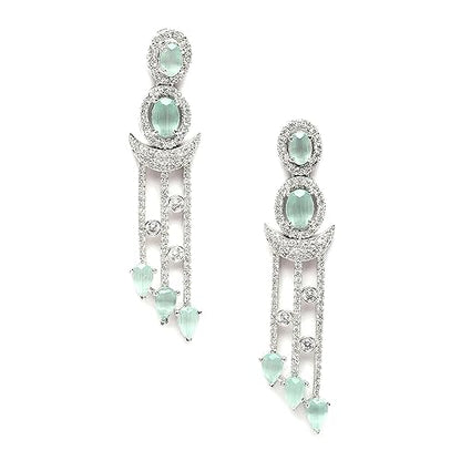 LukGud Oxidised Silver-Plated American Diamond studded Crescent Shaped Drop Earrings for Girls and Women