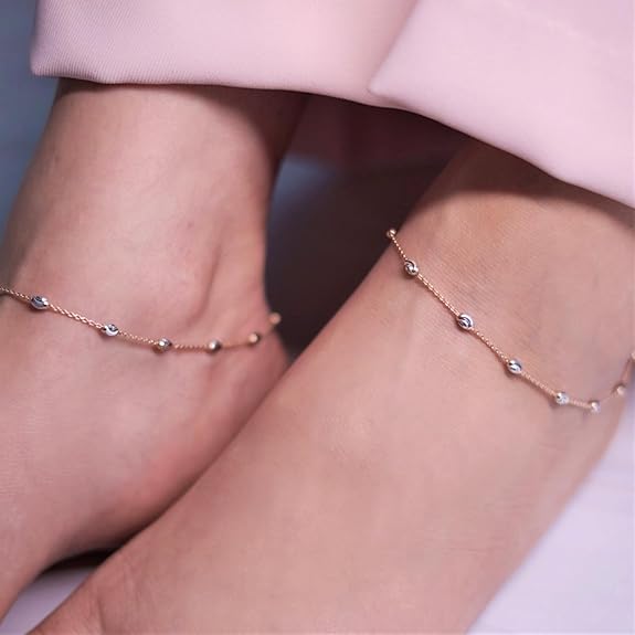 LukGud 925 Sterling Silver Anklet (Pair) | Beads Chain Rose Gold Plating Chain | Gift for Women & Girls |