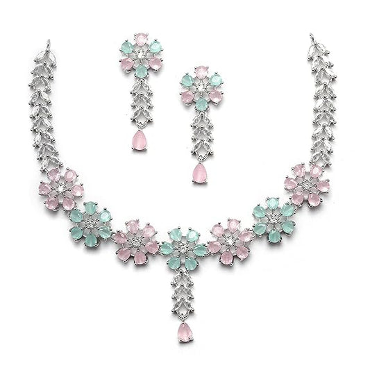 LukGud American Diamond Studded Necklace Earrings Jewellery Set for Girls and Women