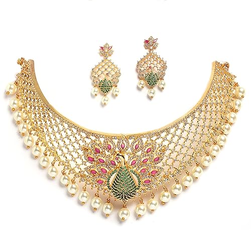 LukGud  Gold Plated White & Red American Diamond Studded With Drop Pearl Beaded Jewellery Set For Women & Girl