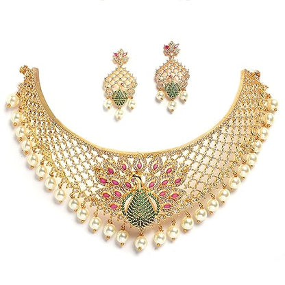 LukGud  Gold Plated White & Red American Diamond Studded With Drop Pearl Beaded Jewellery Set For Women & Girl