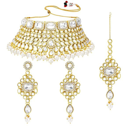 Lukgud Rani Padmavati Kundan Faux Pearl Choker Necklace with Earrings Maang Tikka for Women Girls Traditional Jewellery set