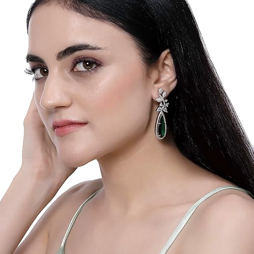 LukGud Rhodium-Plated American Diamond Studded Teardrop & Leaf Shaped Drop Earrings For Girls and Women