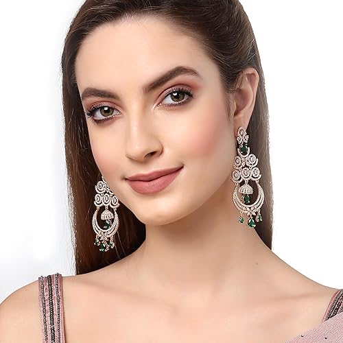 LukGud Floral Shaped American Diamond Dangle Chandelier Earring For Women And Girls