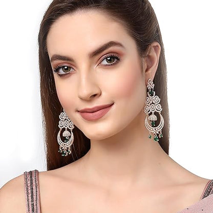 LukGud Floral Shaped American Diamond Dangle Chandelier Earring For Women And Girls