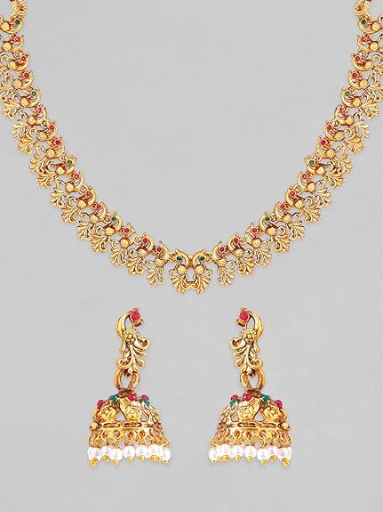 LukGud 22k Gold-Plated Red & Green Stone Studded Handcrafted Traditional Temple Jewellery Set For Women