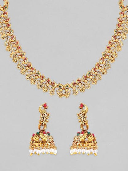 LukGud 22k Gold-Plated Red & Green Stone Studded Handcrafted Traditional Temple Jewellery Set For Women