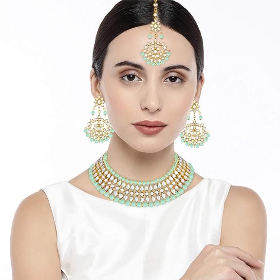 LukGud Gold Plated White Pearl Kundan Choker Necklace with Earring Maang Tikka Traditional Jewellery Set for Women