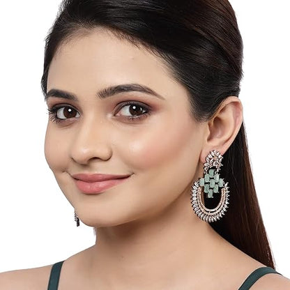 LukGud American Diamond Studded Rhodium-Plated Chandbalis Earrings