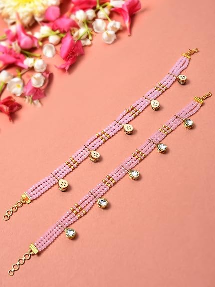 LukGud  Pink Crystal Beads Wedding Collection Kundan Payal For Women (2 Anklets)