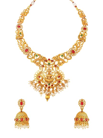 LukGud Jewellery Set for Women Gold-Plated Temple Necklace Set Stone-Studded For Women & Girls
