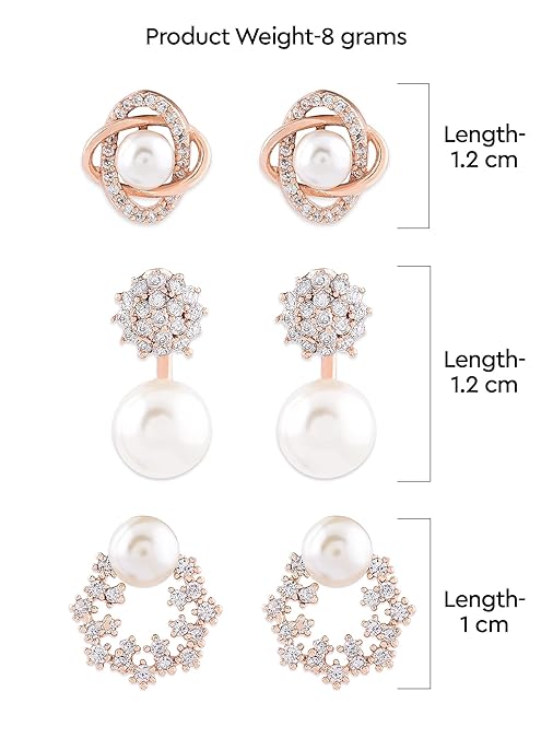 LukGud Combo of 3 Cubic Zirconia & Pearls Contemporary Stud Earrings For Women