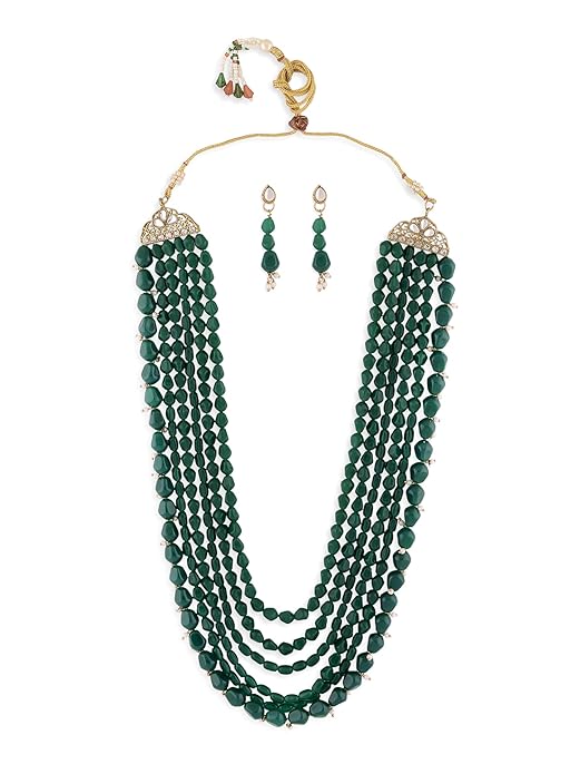 LukGud Green Multi Layers Beaded Long Necklace & Earring Set For Women