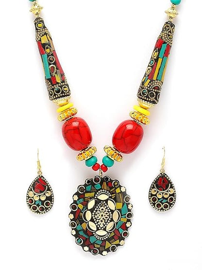 LukGud Latest Stylish Traditional Tibetan Pendant Necklace Jewellery Set for Women