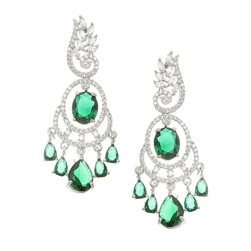 LukGud Rhodium-Plated American Diamond Studded Oval & Leaf Shaped Drop Earrings For Girls and Women