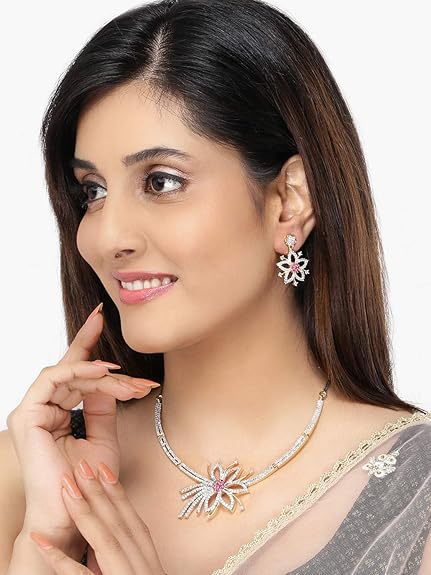 LukGud Rosegold Rhodium Plated AD Necklace Set for Women | Birthday Gift for Girls & Women