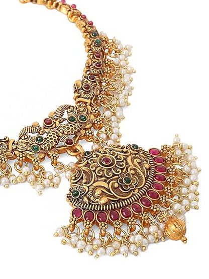 LukGud Gold-Plated Temple Necklace Set Stone-Studded Necklace Set For Women & Girls