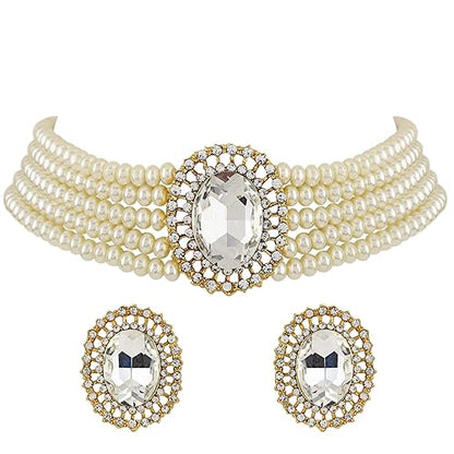 LukGud 18k Gold Plated Latest Stylish Fancy Choker Traditional Pearl Necklace Jewellery Set for Women