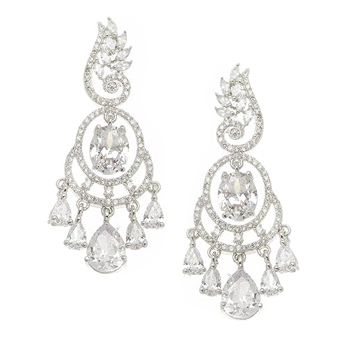 LukGud  Rhodium-Plated American Diamond Studded Oval & Leaf Shaped Drop Earrings For Girls and Women