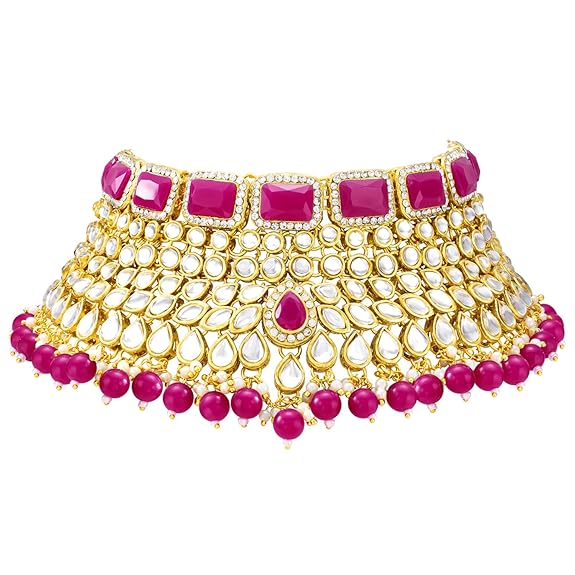 LukGud Rani Padmavati Kundan Faux Pearl Choker Necklace with Earrings Maang Tikka for Women Girls Traditional Jewellery set