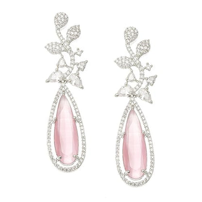 LuKGud  Rhodium-Plated American Diamond Studded Teardrop & Leaf Shaped Drop Earrings For Girls and Women